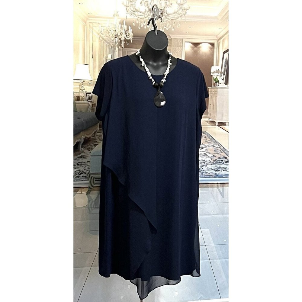 EY BOUTIQUE 24W Navy Blue Chiffon Stretchy Lining Short Slv Crew Neck Dress